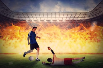 Aufkleber - Composite image of football players tackling for the ball