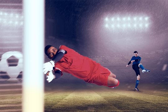 Composite image of goalkeeper in red making a save