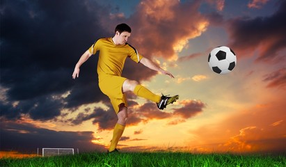 Wall Mural - Composite image of football player in yellow kicking