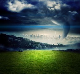 Poster - Tornado over city and moutains