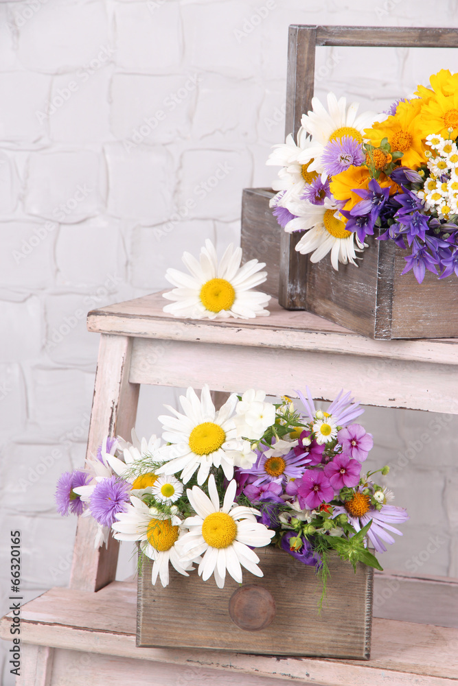 Beautiful flowers in crates on small ladder on light background