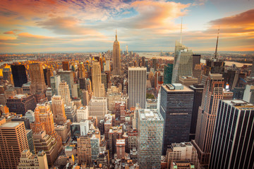 Sunset view of New York City looking over midtown Manhattan