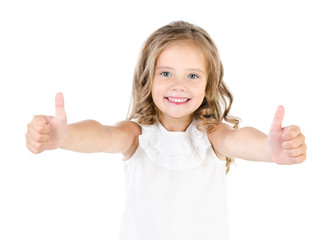 Happy cute little girl with two finger up