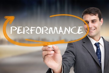 Poster - Businessman writing the word performance