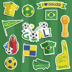 Sticker - Brazil football stickers vector clipart soccer flag shirt goal ribbons on striped green background