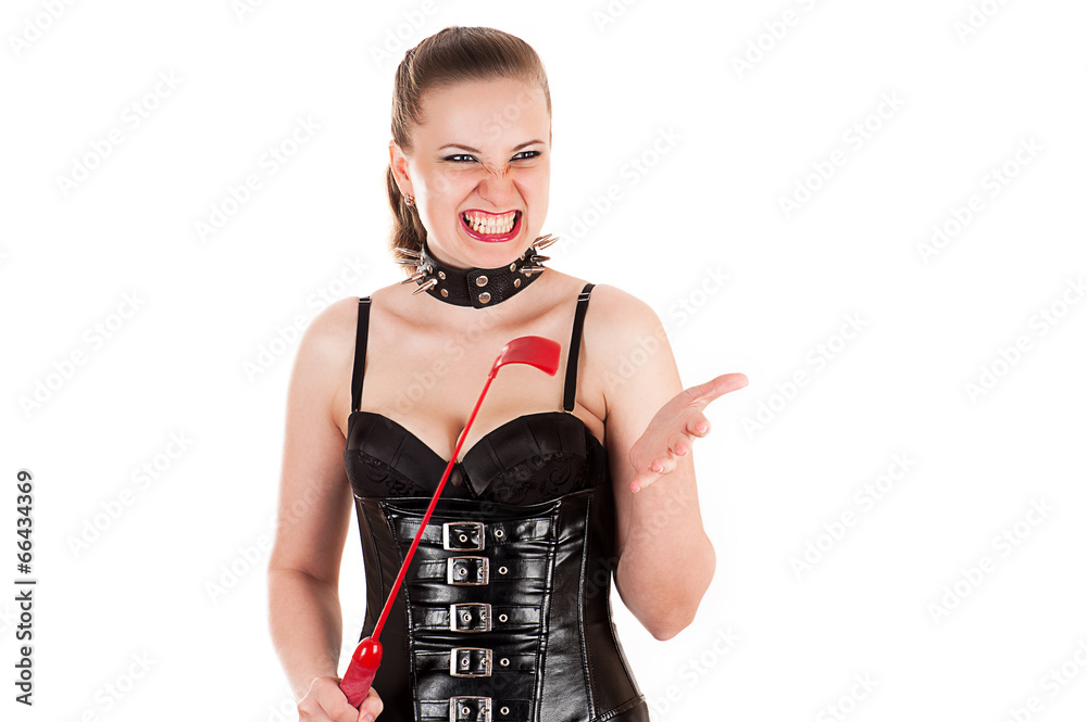 whip mistress angry mistress with a whip in hand isolated on white background の Stock フォト  | Adobe Stock