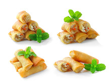 Fried Chinese Traditional Spring Rolls Food Isolated On White Ba