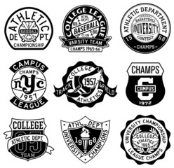 old style sporting badges in black and white