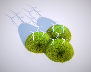 Wall Mural - 3d render image of stylized wind power plant with grass hills
