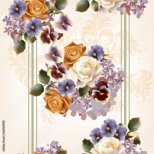 Fototapeta na wymiar Floral seamless pattern with roses and flowers in watercolor st