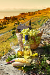 Wineglass and basket of grapes. Lavaux region, Switzerland