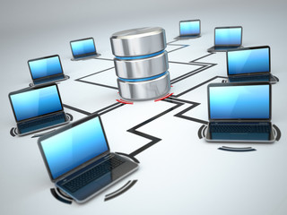 Poster - Database storage and laptops. Networking concept