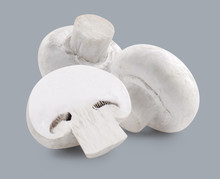 Two White Mushrooms And Slice Isolated On Grey Background