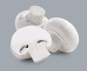 Two white mushrooms and slice isolated on grey background