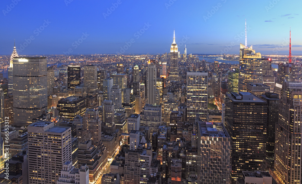New York City skyline at dusk, USA - obrazy, fototapety, plakaty 
