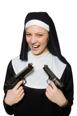 Wall Mural - Nun with handgun isolated on white