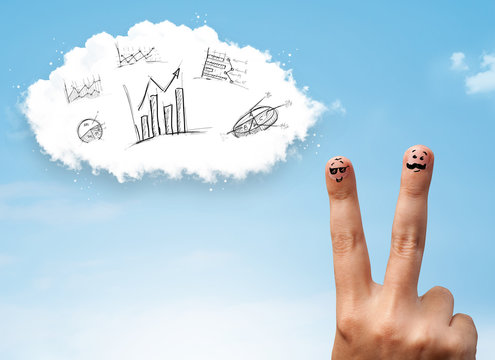 Happy smiley fingers looking at cloud with hand drawn charts