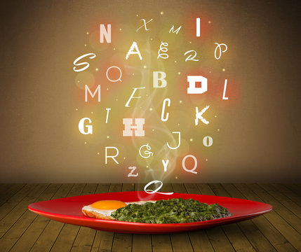 Fresh cook food with colorful letters on wood
