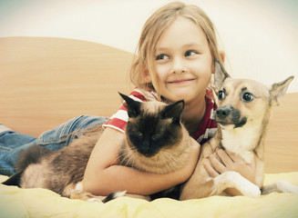 Canvas Print - child and dog and cat