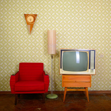 Vintage Room With Wallpaper, Old Fashioned Armchair, Retro Tv, C