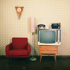 Vintage room with wallpaper, old fashioned armchair, retro tv, p