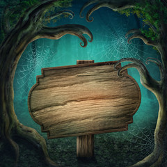 Wall Mural - Wooden sign in the dark forest