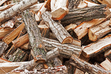 Dry Chopped Firewood Logs In Pile.