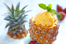 Fruit Sorbet Ice Cream In Small Pineapple