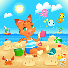 Wall Mural - Young cat makes castles on the beach.