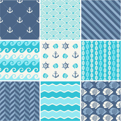 Navy vector seamless patterns set: waves, anchors, chains