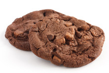 Two Dark Large Chocolate Chip Cookies On White