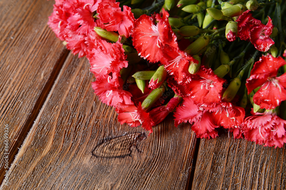 Beautiful flowers on wooden background
