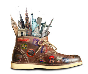 Wall Mural - travel, shoes with travel stickers and landmarks