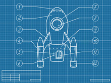 Blueprint With Spaceship And Its Parts Marks