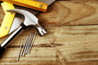 Carpentry hand tools on wooden table. Copy space