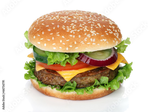 Cuadros en Lienzo Tasty hamburger isolated on white background