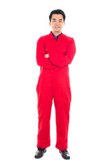 asian male engineer in red uniform and white background