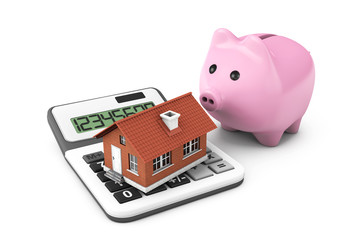 Poster - Real Estate Concept. House with calculator and Piggy Bank
