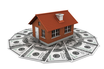 Poster - Real estate business concept. Dollars banknotes with Brick House