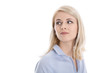 © Lifeisbeautiful - Satisfied isolated young business woman looking sideways.