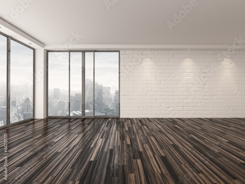Fotografía Empty apartment living room overlooking a town