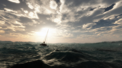 Lost sailing boat in wild stormy ocean. Cloudy sky.