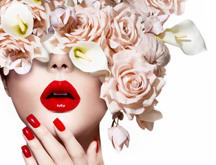 Poster - Vogue style model girl face with roses. Red Sexy Lips and Nails.