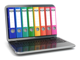 Poster - Data storage. Laptop  with file ring binders.