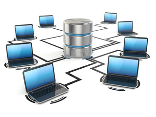 Poster - Database storage and laptops. Networking concept