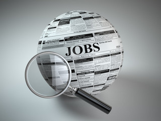 Concept of job search . Newspaper sphere and loupe.