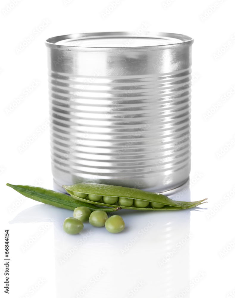 Fresh peas and tin, isolated on white