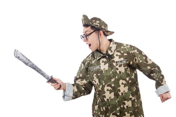 Funny soldier with knife on white