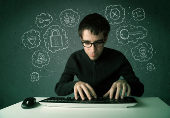 Poster - Young nerd hacker with virus and hacking thoughts