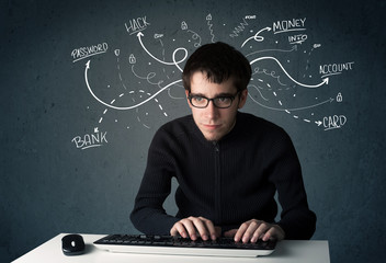 Fototapete - Young hacker with white drawn line thoughts